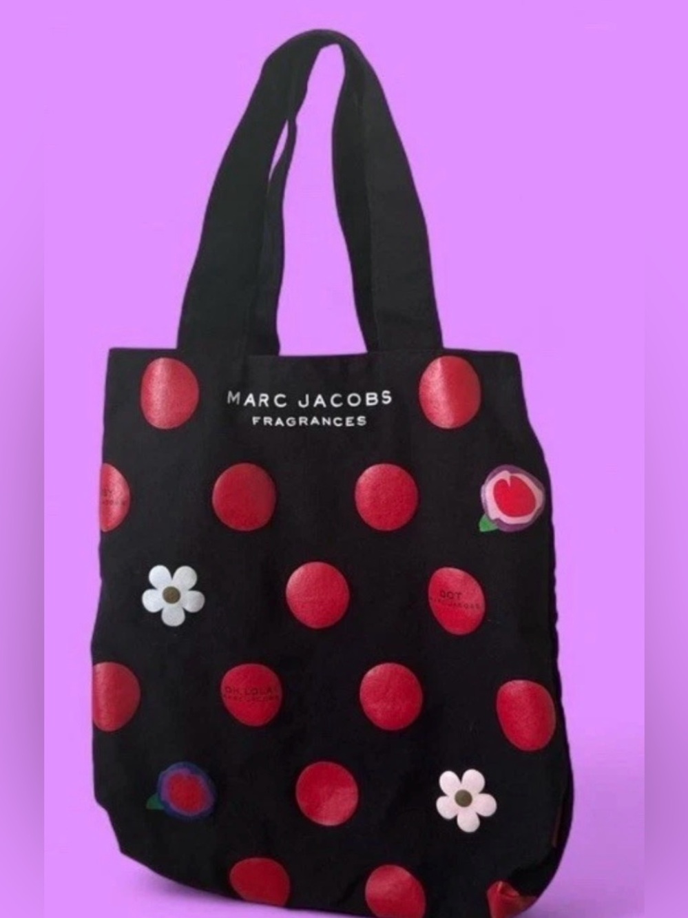 New Marc Jacobs Black Tote with Red Dot and Floral Accents